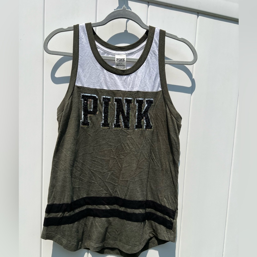 Victoria's Secret Pink Women's Sequin Sleeveless Curved Hem Tank Top Green Small